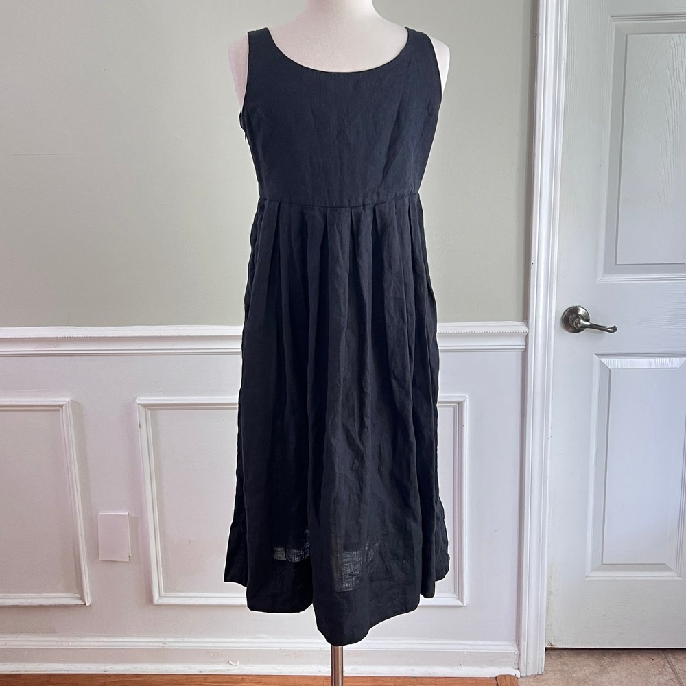 Banana Republic Linen Empire‎ Waist Dress Womens 6 Pleated Sleeveless Black Midi - Picture 3 of 8